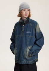 CATTEE Distressed Stand Collar Denim Jacket - COPPING THREADS - CATTEE